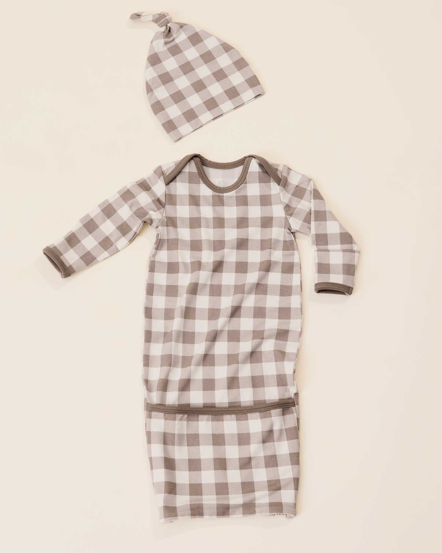 Cozy Bamboo Baby Gown & Hat | Taupe Gingham