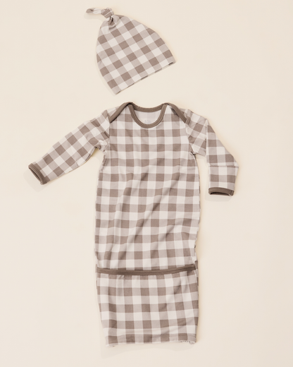 Cozy Bamboo Baby Gown & Hat | Taupe Gingham