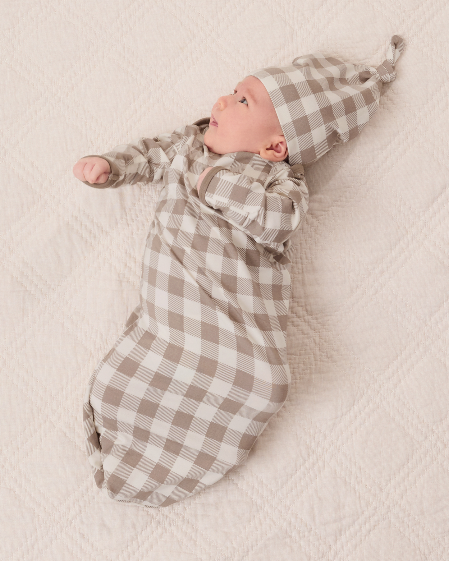 Cozy Bamboo Baby Gown & Hat | Taupe Gingham