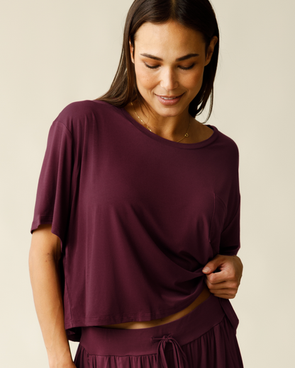 Aria Bamboo Casual Cropped Short Sleeve Top | Deep Burgundy