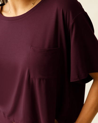 Aria Bamboo Casual Cropped Short Sleeve Top | Deep Burgundy