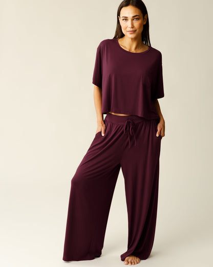 Aria Bamboo Casual Cropped Short Sleeve Top | Deep Burgundy